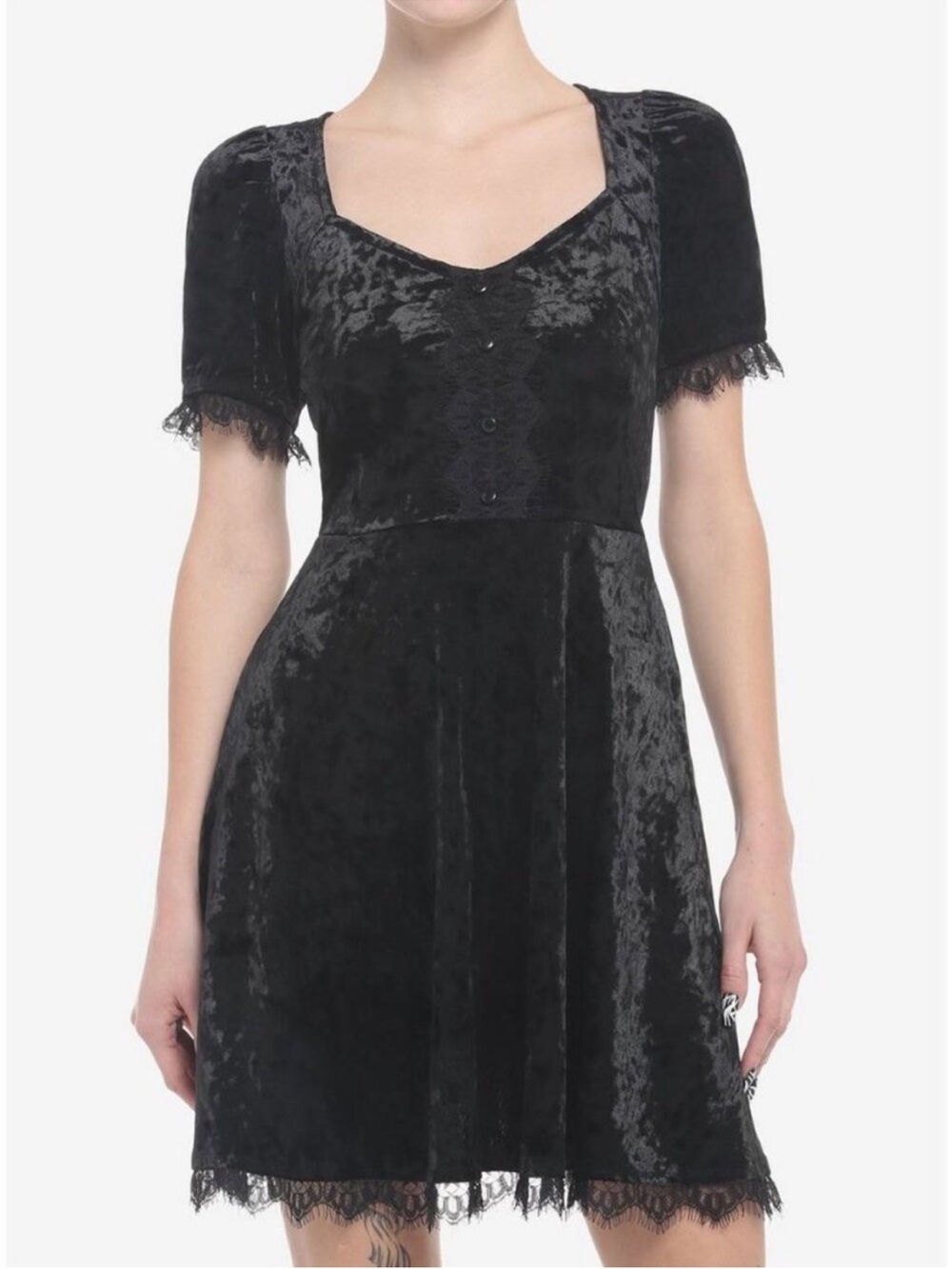 Cosmic Aura Black Velvet Lace-Trim Short Dress with Scoop Neck
